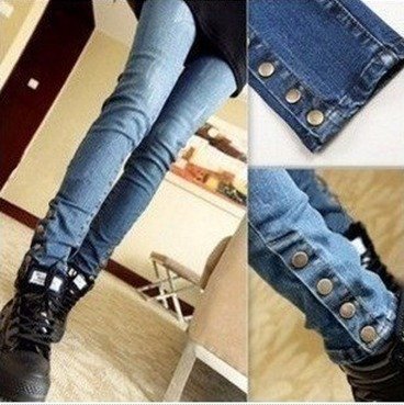 Free shipping for women skinny jeans with button nail on the Bottom of pants leg