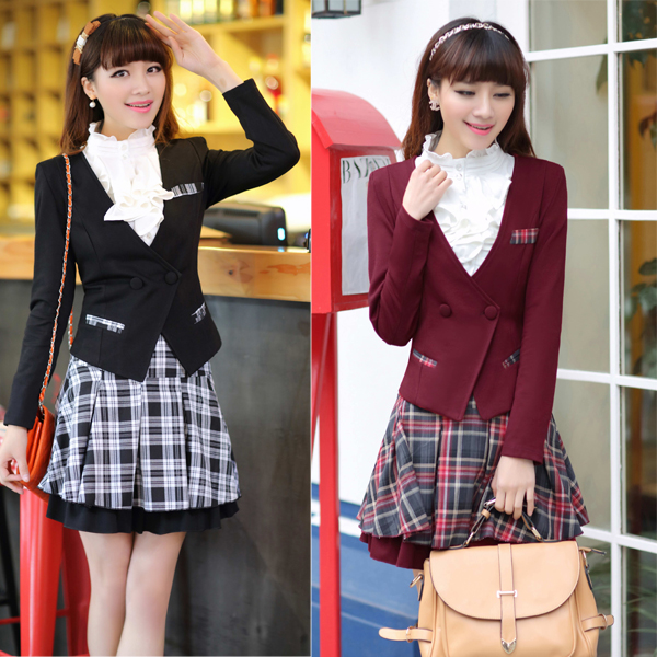 Free shipping Formal professional set work wear 2013 spring and autumn plaid V-neck work wear skirt