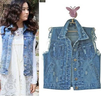 Free shipping Four seasons all-match cool personality sleeveless turn-down collar short design denim vest outerwear