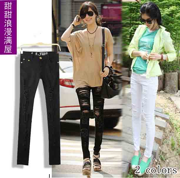 Free Shipping Four seasons women's a9469 elastic slim hole denim skinny pants pencil pants trousers