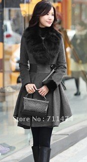 Free shipping  fox fur genuine leather slim waist woolen quality overcoat outerwear