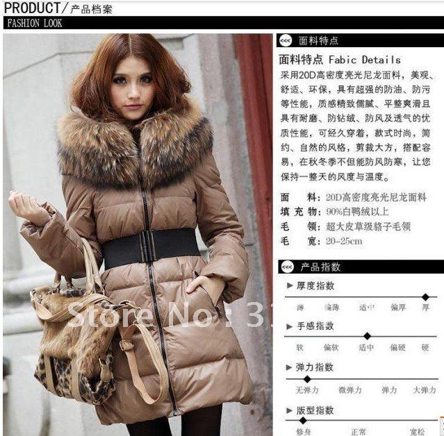 FREE SHIPPING FREE BELT 2012 winter luxury large fur collar thickening down coat ladies medium-long jacket outwear fashion coat