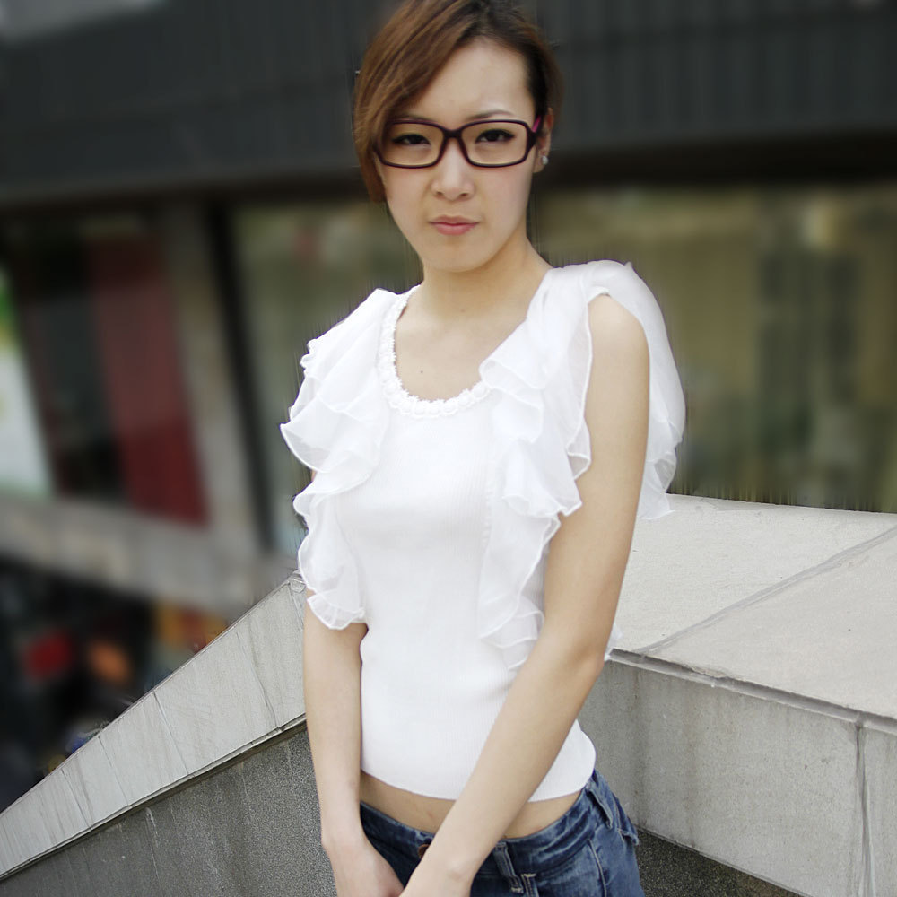 free shipping free shipping Fashion strapless romantic chiffon t-shirt white women's sweater top