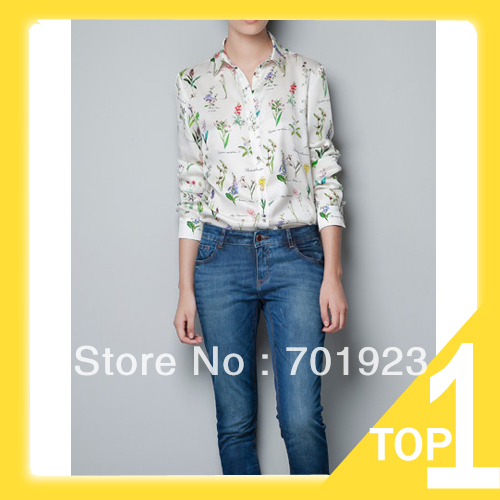 Free shipping Fshion style 2013 Popular long sleeve flower grass print Women chiffon Shirt Y6237