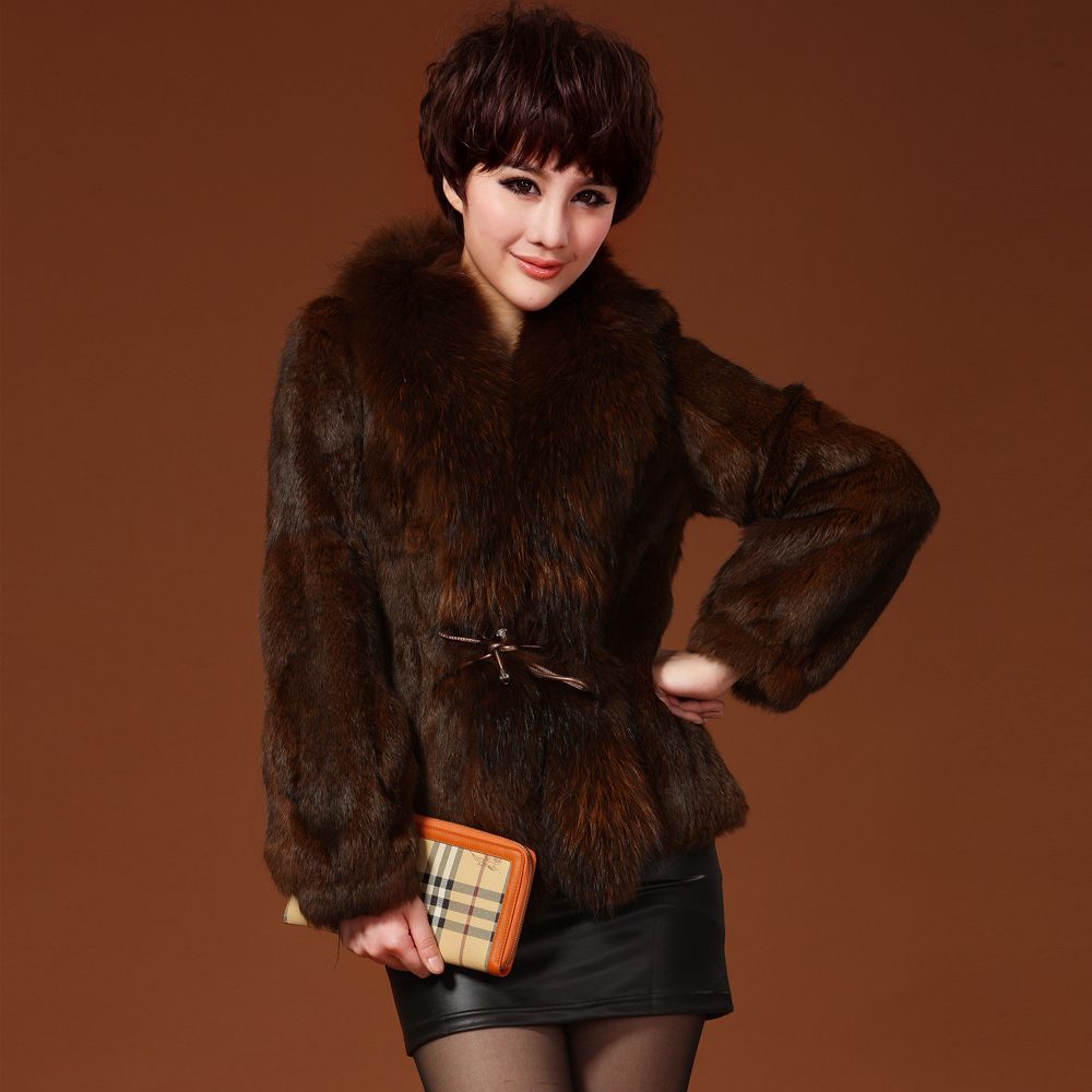 free shipping Full leather rabbit fur coat female ultralarge raccoon fur slim fur overcoat