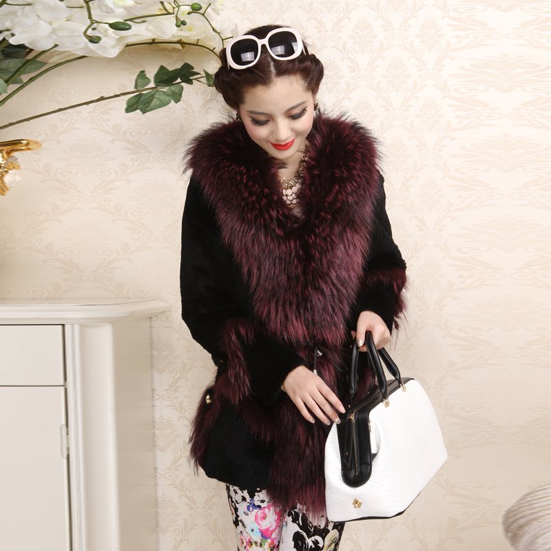 free shipping, Full leather rabbit fur coat raccoon fur 2012 medium-long slim