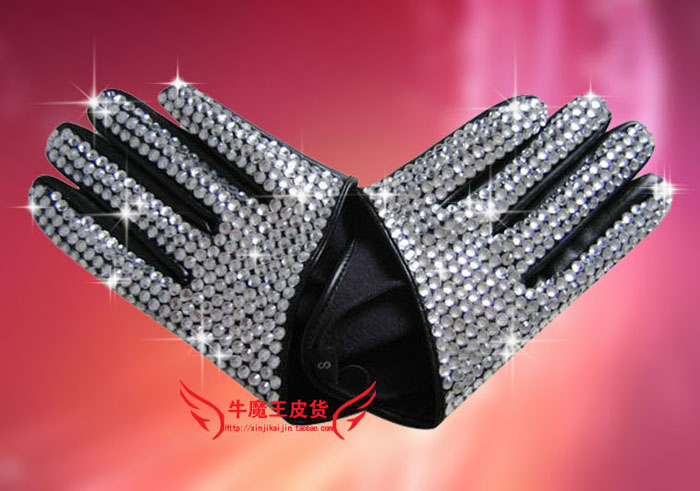 free shipping Full rhinestone smarten faux leather gloves star style