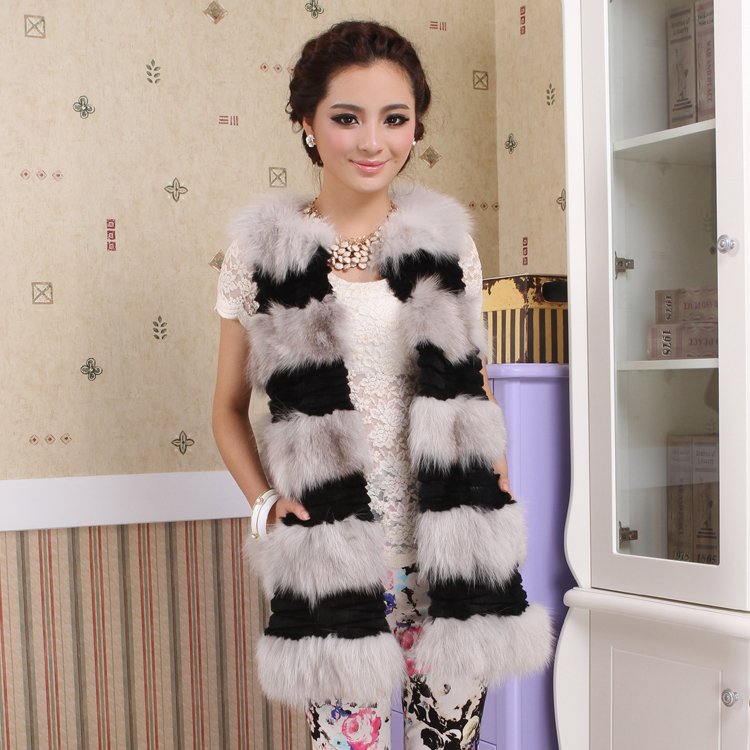 free shipping, Fur coat 2012 fox fur vest rabbit fur medium-long