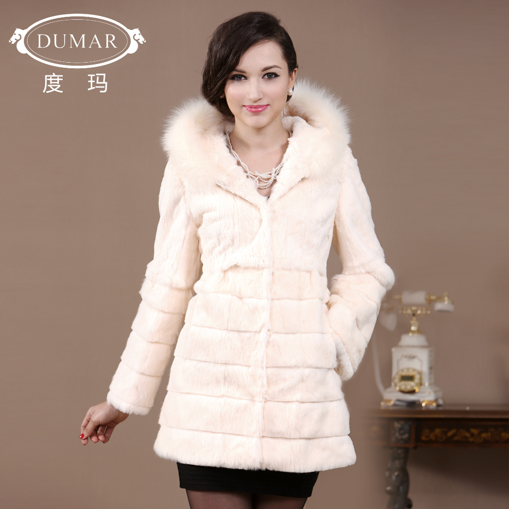 free shipping Fur coat 2012 full leather rabbit fur long design slim hooded winter female pc0715