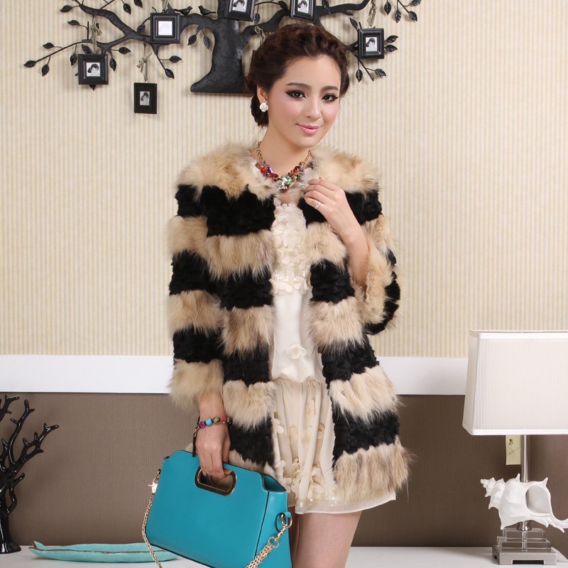 free shipping, Fur coat 2012 raccoon fur rabbit fur medium-long o-neck three quarter sleeve overcoat