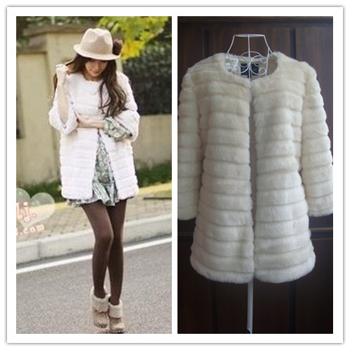 Free shipping-fur coat faux three quarter sleeve faux medium-long overcoat outerwear