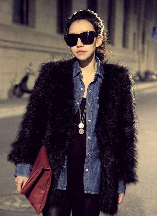 Free shipping Fur coat overcoat medium-long black and white