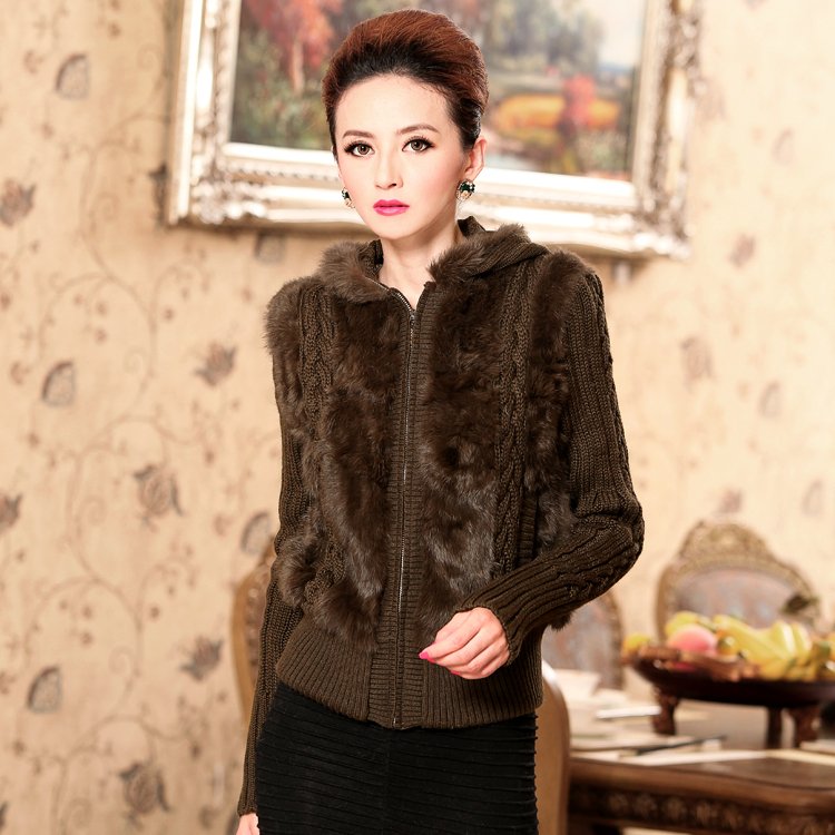 free shipping, Fur coat rabbit fur knitted sweater knitted hooded rabbit fur yarn shirt plus size