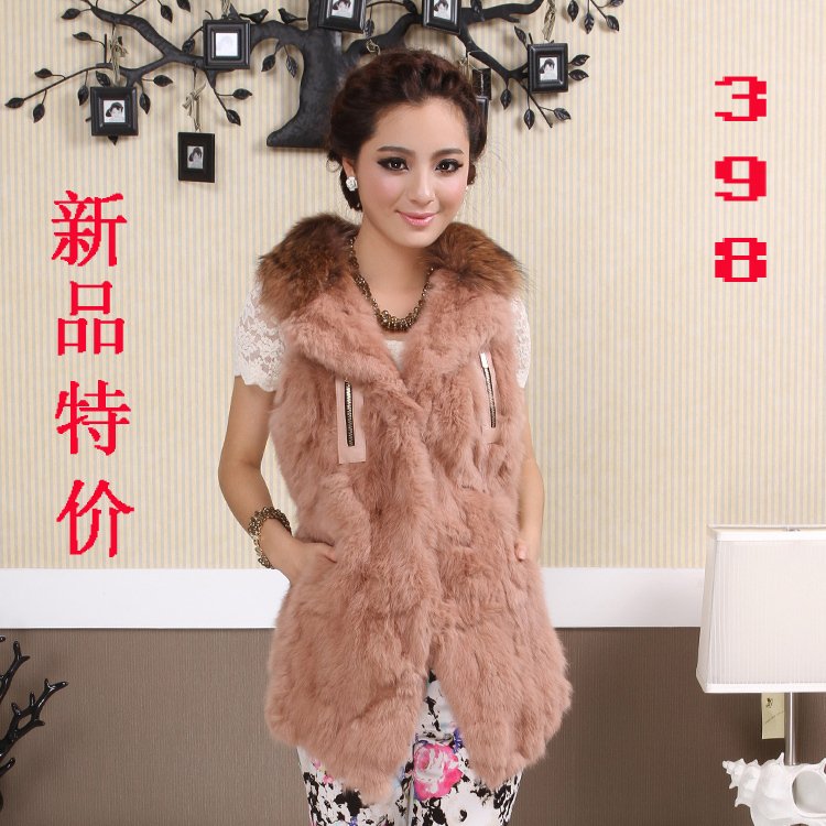 free shipping, Fur medium-long rabbit sweater vest outerwear 2012 autumn and winter raccoon fur collar women's