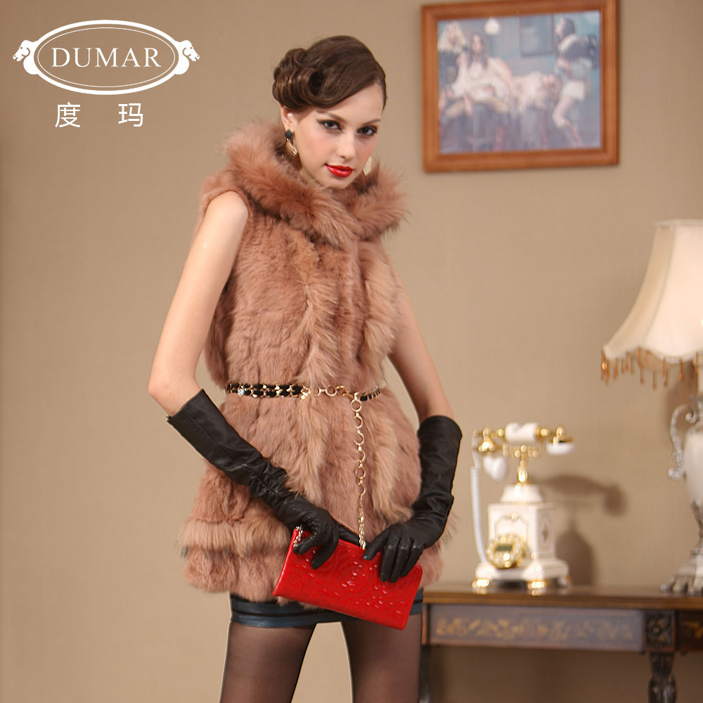 free shipping Fur vest outerwear 2012 high quality rabbit fur long design vest hooded pc0674