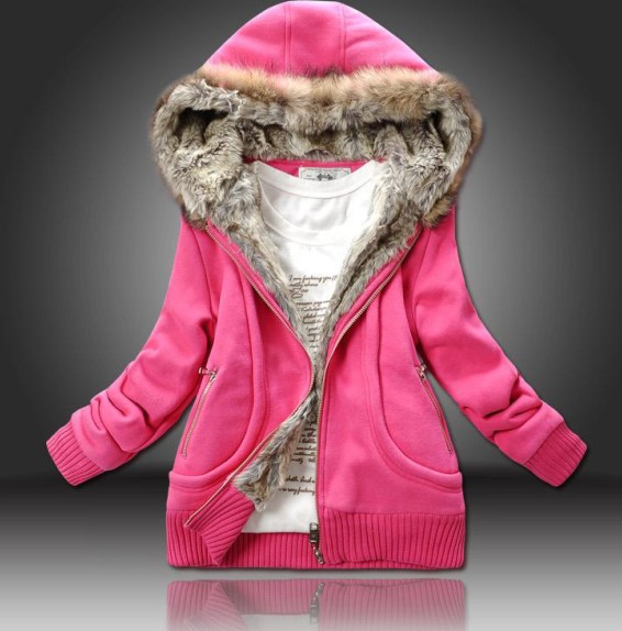 Free Shipping Fuzzy Fur Embellished Inner Hooded Warmin Long Sleeve  Red Yellow Blue Coat