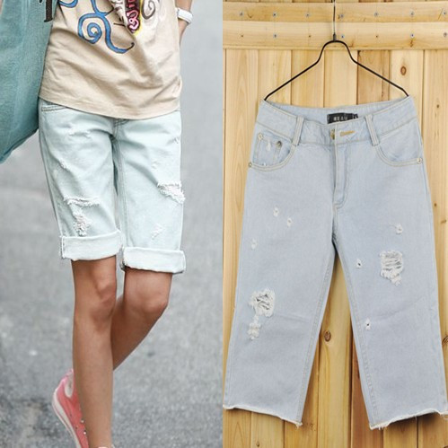 Free Shipping G616 trend women's hole denim bleach denim capris 2011 summer high quality