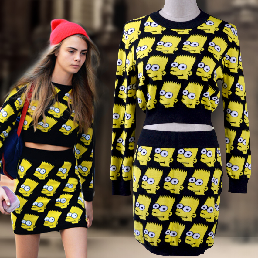 Free Shipping GD"Knitted cotton winter skirt sets cartoon Bart man head Simpson sweater suit dress top and skirt Jeremy Scott