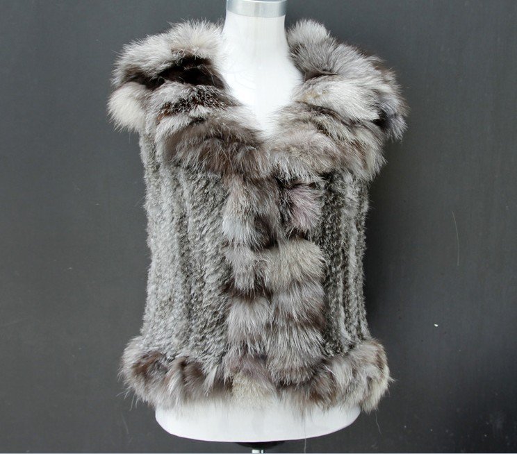 Free Shipping Genuine Knitted Rabbit Fur Vest with Fox Fur Trimmings OEM 3 colors