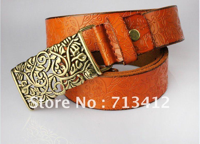 Free shipping  Genuine Leather Women Waist Belt  Royal Carved Flower Sculpted Brass Buckle  Women Dress 2012  fashionTops