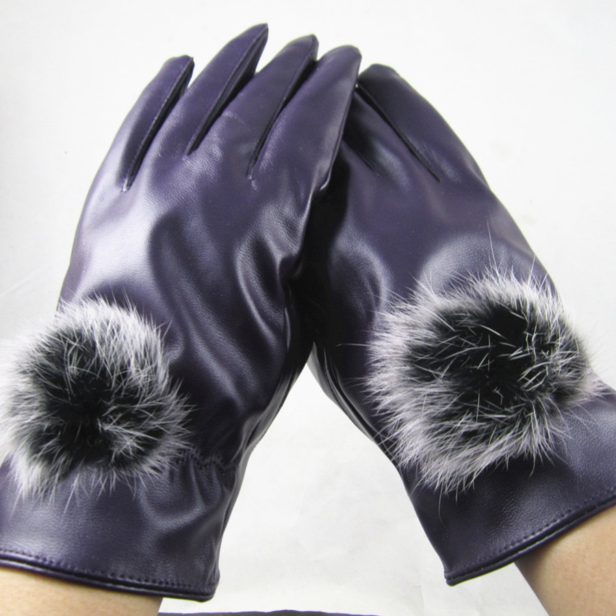 free shipping Gloves Women winter thermal faux leather full fur ball leather gloves