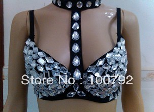 Free shipping go go fashion and sexy hand embroided rhinestone  bra top necklace ,sexy night club stripper wear sexy clubwear