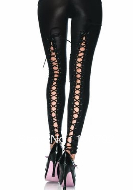 Free shipping go go fashion  punk rock gothic black back lace up wet look leather leggings gothic tight pants