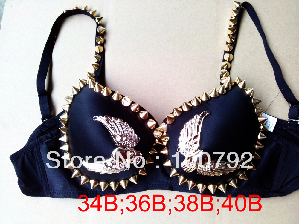 Free shipping go go fashion stripe and skeleton skull wing studded spike sexy bra top,punk rock gothic bra with spike  Straps