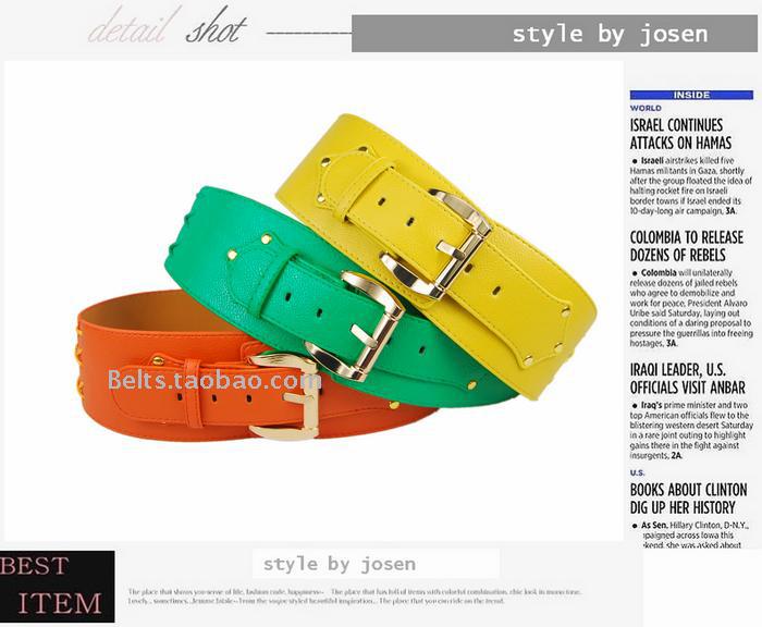 FREE SHIPPING!GOLD METAL BUCKLE CANDY COLOUR PU LEATHER  WOMEN OVERCOAT 9CM WIDE WAIST BELT