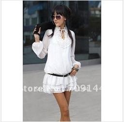 Free Shipping Good Quality Gathered Design Neckline White Chiffon Lace Decoration Layered Dress Lady Dress