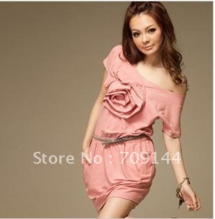 Free Shipping Gorgeous Stereo Rose Patterns High Waistline Strapless Pink Dress For Women Dress