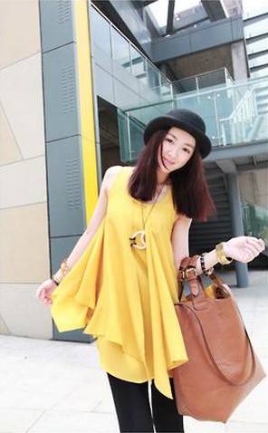 Free Shipping Graceful Round Collar Sleeveless Match Layer Two Ways Wear Drape Long Chiffon Blouse Yellow LM11121212