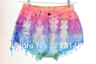 Free Shipping Gradient color fluorescence burr tassel tie dye Jeans Shorts