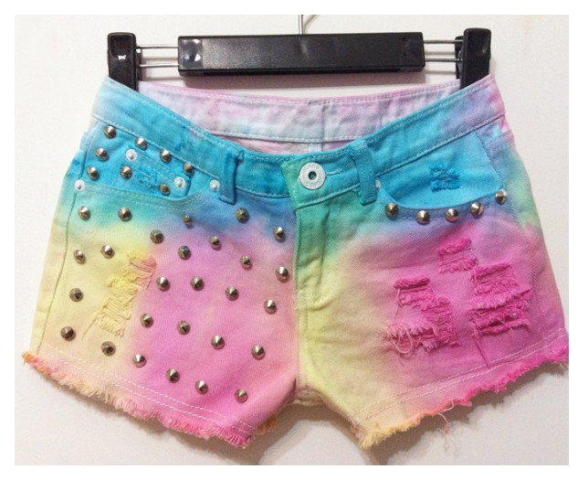 Free Shipping Gradient color fluorescence rivet burrs tassel tie dye Jeans Shorts FM120072