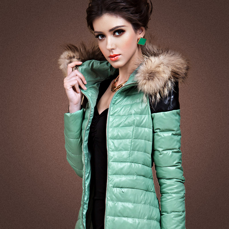 Free Shipping Green leather mosaic thin slim down coat female down coat female medium-long jacket winter thick