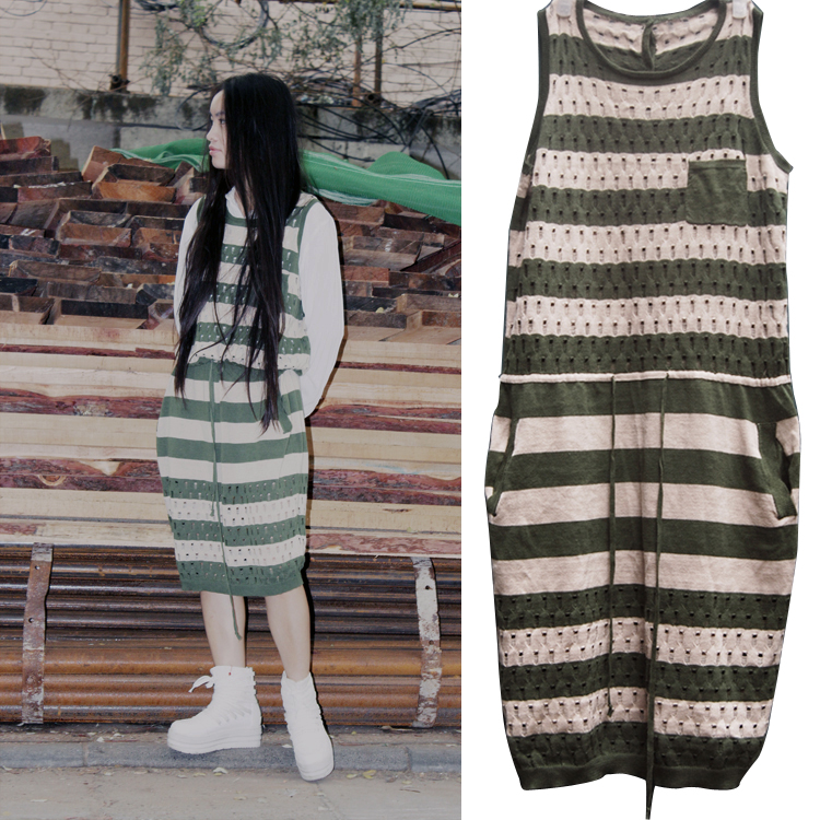 Free shipping Green stripe knitted one-piece dress buckle back large pocket woven vest one-piece dress