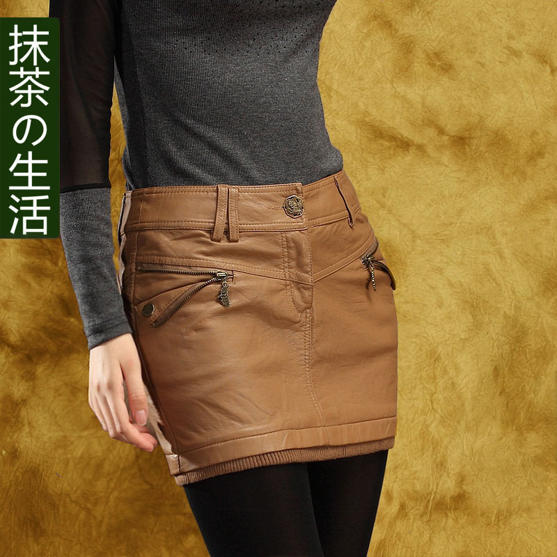 Free Shipping Green tea leather skirt bust skirt PU slim hip short skirt female plus size leather skirt slim 2012