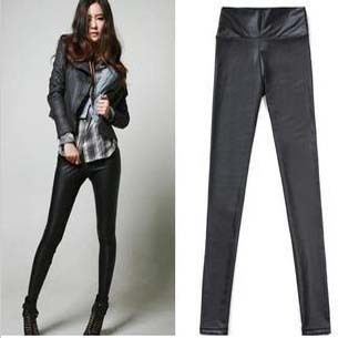 free shipping H fashion high waist matte faux leather pants women's tight black legging