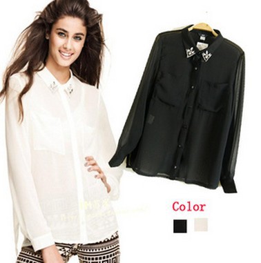 free shipping h*m style 2013 pure color collar rhinestone decorated long-sleeved chiffon shirt Chest double pocket blouse ft168