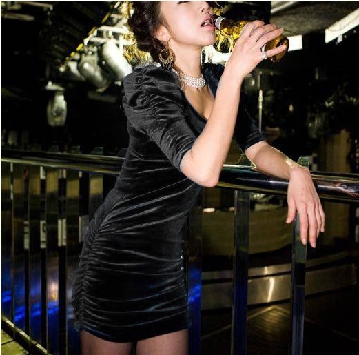 Free shipping  half sleeve slim hip one-piece dress skirt fashion sexy black gold velvet one-piece dress