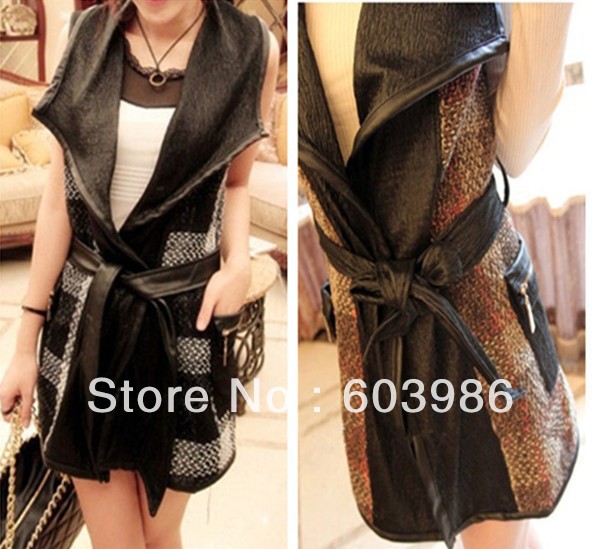 Free shipping han new dress to restore ancient ways lattice PU leather splicing ma3 jia3