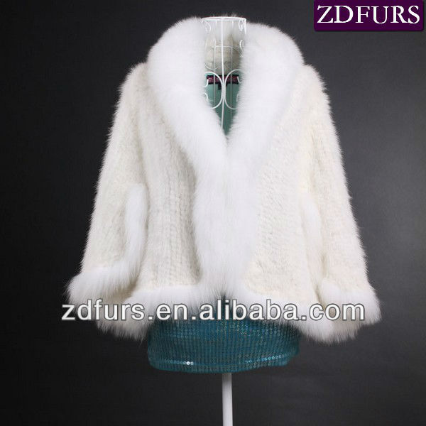 Free Shipping Hand Knitted Mink Fur Shawl with Fox Fur Trimmings ZDKM-2007