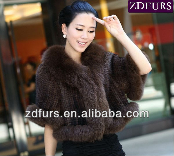 Free Shipping Hand Knitted Mink Fur Shawl with Fox Fur Trimmings ZDKM-2052