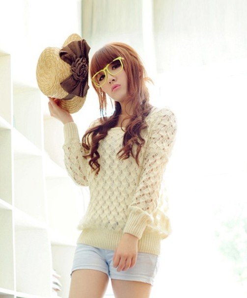 Free shipping/ Hand knitting round neck long-sleeved hollow loose sweater # 7169