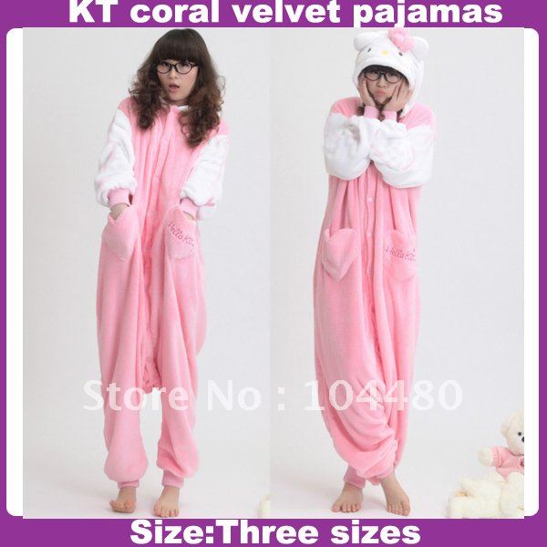 Free shipping hello kitty full pajamas / cute coral fleece pajamas for women ladies sleepwear velvet Hoody