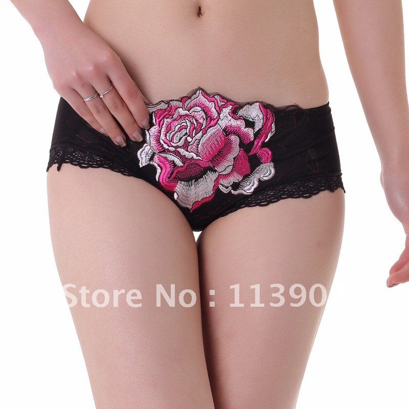 Free shipping High-grade Bamboo Fiber Panties Peony Embroidery Sexy Lace Women's Underwear Briefs Knickers