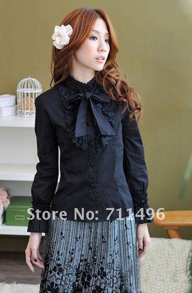 Free shipping,High quality, 2012 fashion new style ,women Beautiful Lace collar Bow tie shirt,super long sleeve shirts/promotion