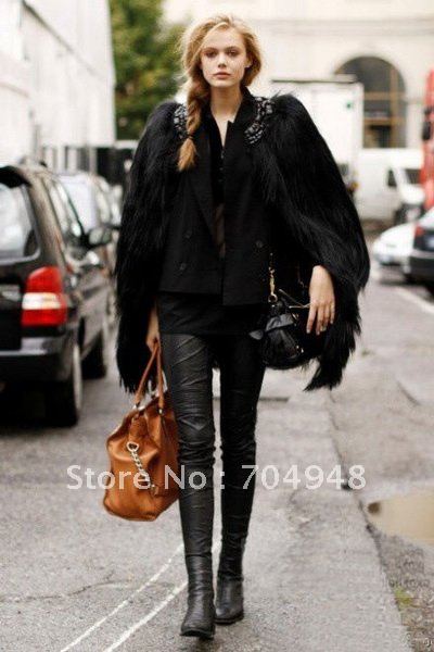 Free Shipping High quality Black Faux Fur Jacket 10cm Hairy 7 Quarter Sleeve Coat