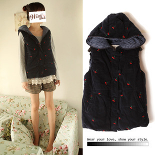 Free Shipping High quality embroidery cherry pattern corduroy 100% cotton with a hood vest cotton vest female