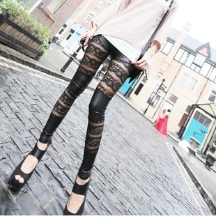 Free shipping High quality faux leather patchwork lace flower cutout legging female plus size ankle length trousers